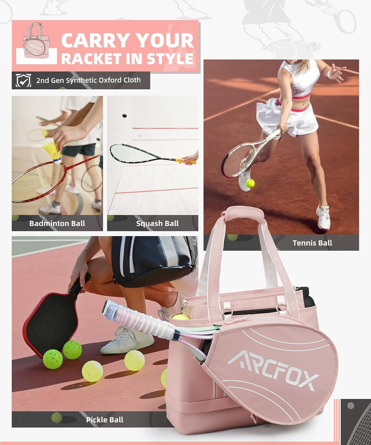 Tennis Tote Bag for Women, 2-in-1 Pink Tennis Bags 3 Rackets, Large Tennis Racket Bag with Shoe Compartment, Water Bottle Holder, Sports Handbag for Pickleball Padel, Badminton, Squash Racquet