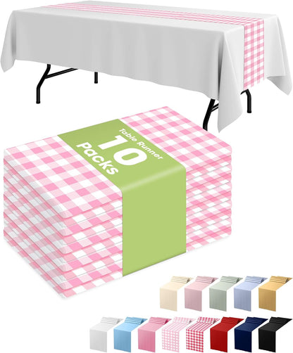 Gingham Plastic Table Runners - 10 Pack, 14'' x 108'', Water Resistant & Disposable Plaid Centerpiece Decorations for Table Cloth, Birthday, Holiday, Party, Pink and White Checkered Home Decor