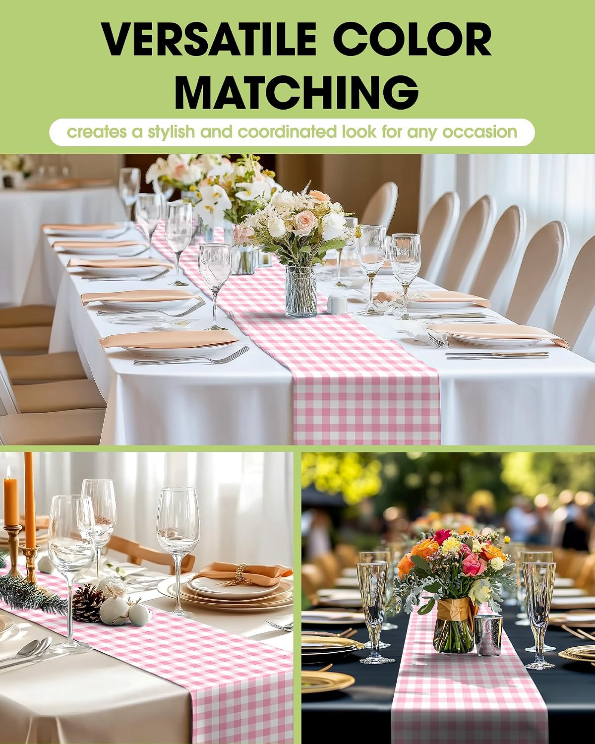Gingham Plastic Table Runners - 10 Pack, 14'' x 108'', Water Resistant & Disposable Plaid Centerpiece Decorations for Table Cloth, Birthday, Holiday, Party, Pink and White Checkered Home Decor