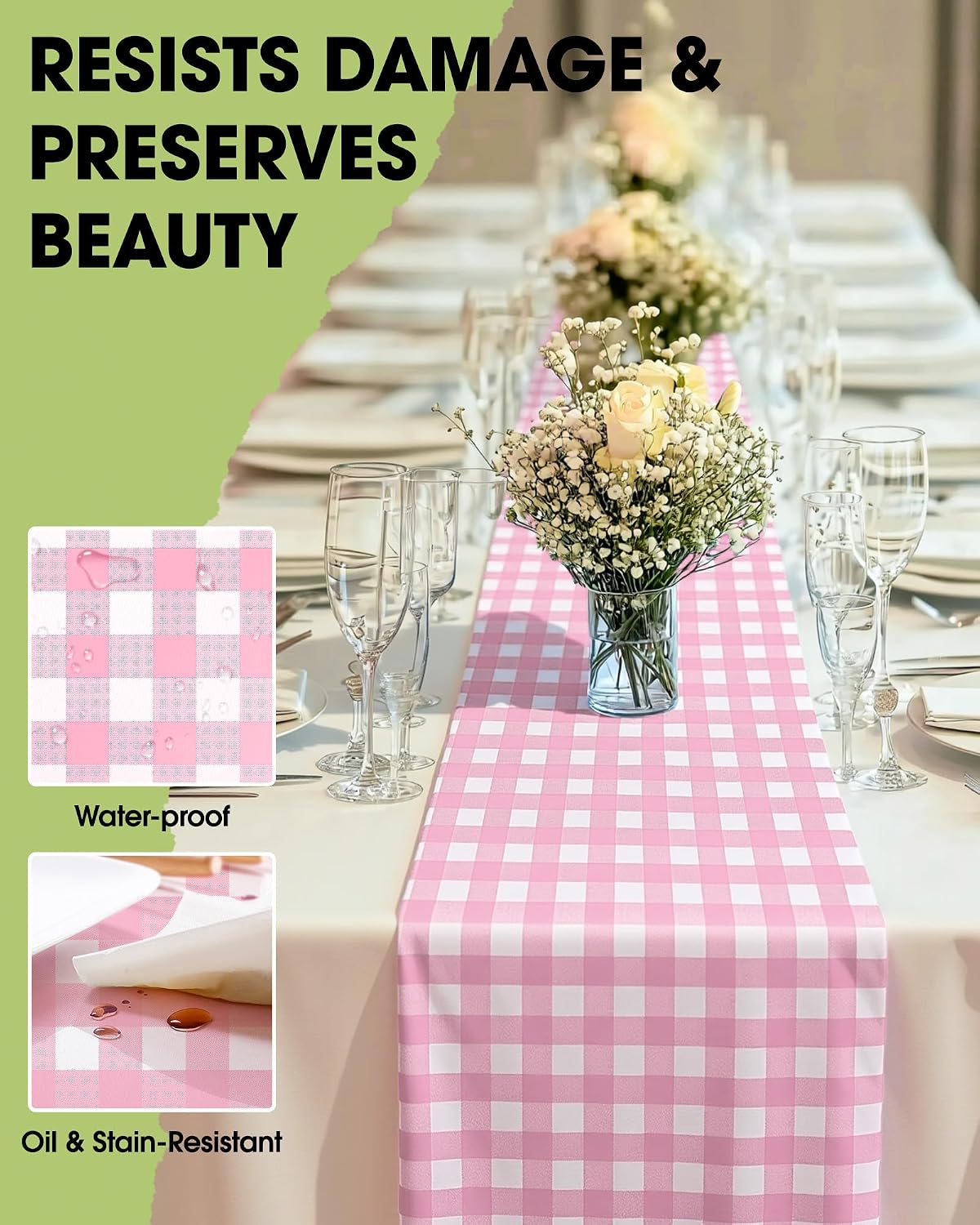 Gingham Plastic Table Runners - 10 Pack, 14'' x 108'', Water Resistant & Disposable Plaid Centerpiece Decorations for Table Cloth, Birthday, Holiday, Party, Pink and White Checkered Home Decor