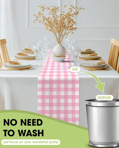Gingham Plastic Table Runners - 10 Pack, 14'' x 108'', Water Resistant & Disposable Plaid Centerpiece Decorations for Table Cloth, Birthday, Holiday, Party, Pink and White Checkered Home Decor