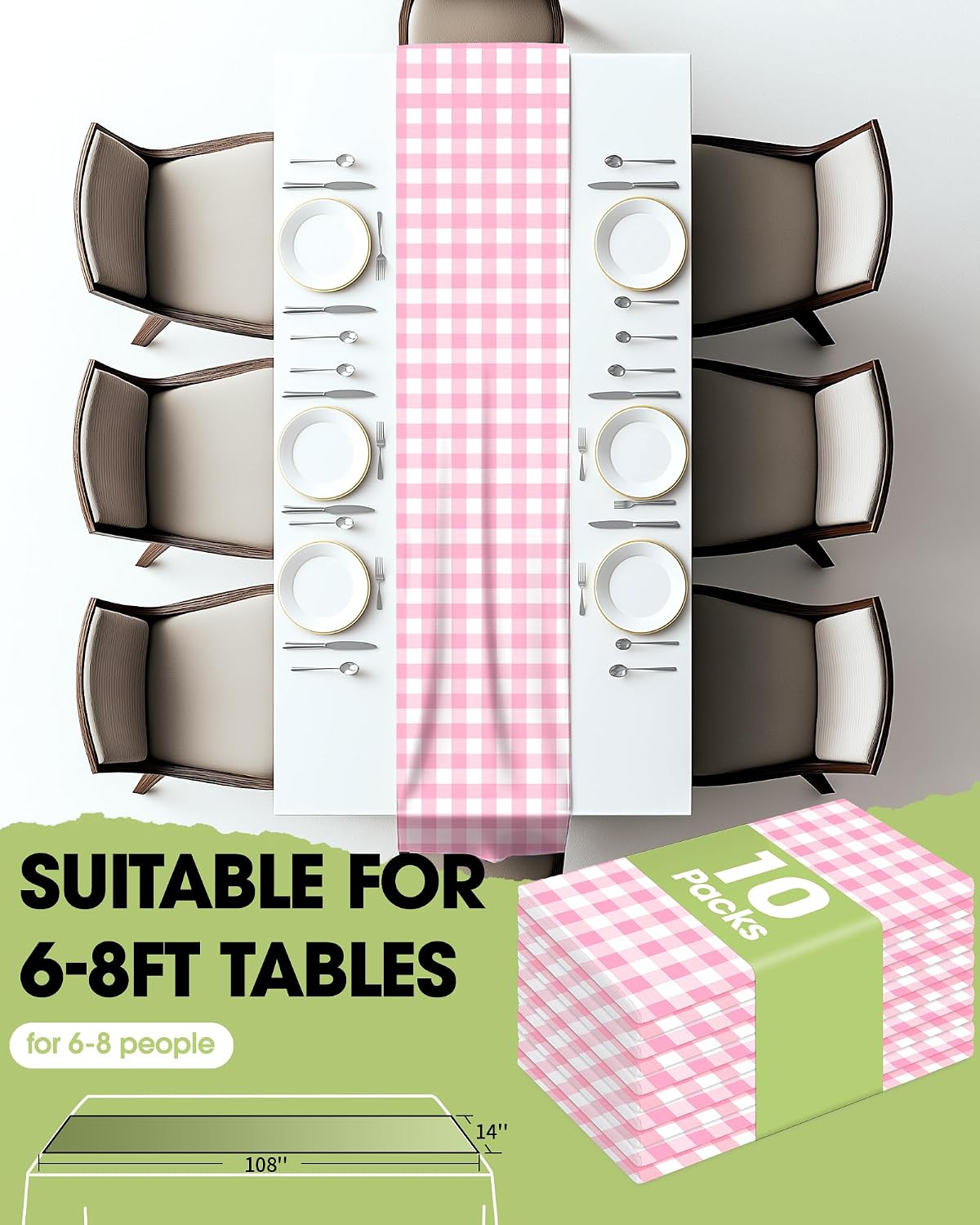 Gingham Plastic Table Runners - 10 Pack, 14'' x 108'', Water Resistant & Disposable Plaid Centerpiece Decorations for Table Cloth, Birthday, Holiday, Party, Pink and White Checkered Home Decor
