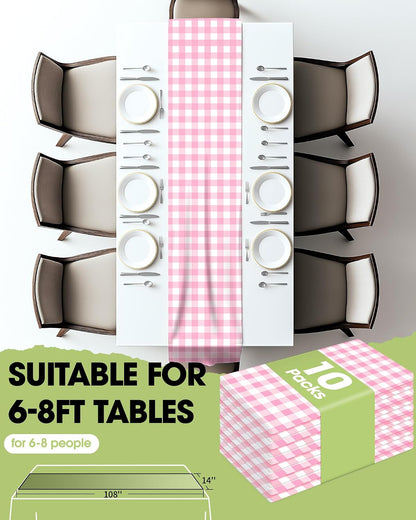 Gingham Plastic Table Runners - 10 Pack, 14'' x 108'', Water Resistant & Disposable Plaid Centerpiece Decorations for Table Cloth, Birthday, Holiday, Party, Pink and White Checkered Home Decor