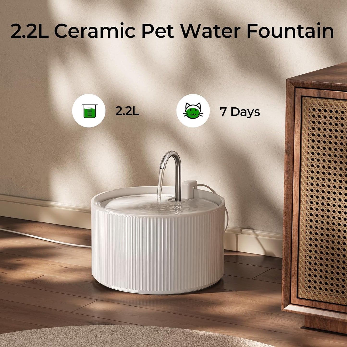 Voluas 2.2L Ceramic Cat Water Fountain with 1 Filter Automatic Pet Fountain | 74oz capacity, ceramic bowl, 4-layer filtration, ultra-quiet pump, faucet and bubbling modes, easy to clean, dishwasher-safe