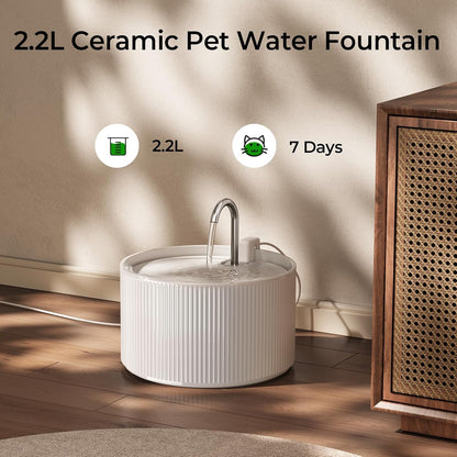 Voluas 2.2L Ceramic Cat Water Fountain with 1 Filter Automatic Pet Fountain | 74oz capacity, ceramic bowl, 4-layer filtration, ultra-quiet pump, faucet and bubbling modes, easy to clean, dishwasher-safe