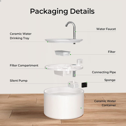 Voluas 2.2L Ceramic Cat Water Fountain with 1 Filter Automatic Pet Fountain | 74oz capacity, ceramic bowl, 4-layer filtration, ultra-quiet pump, faucet and bubbling modes, easy to clean, dishwasher-safe
