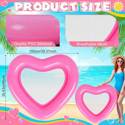 1/2 Pcs 39x35'' Inflatable Heart Pool Float Mesh Pink Pool Lounger Mesh Water Hammock PVC Floating Chair Bed for Adults Summer Party Swimming Water Beach Lake Tanning Fun