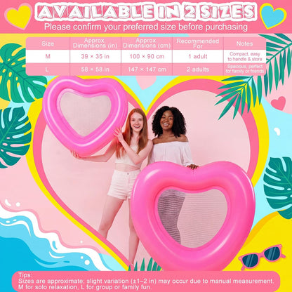 1/2 Pcs 39x35'' Inflatable Heart Pool Float Mesh Pink Pool Lounger Mesh Water Hammock PVC Floating Chair Bed for Adults Summer Party Swimming Water Beach Lake Tanning Fun
