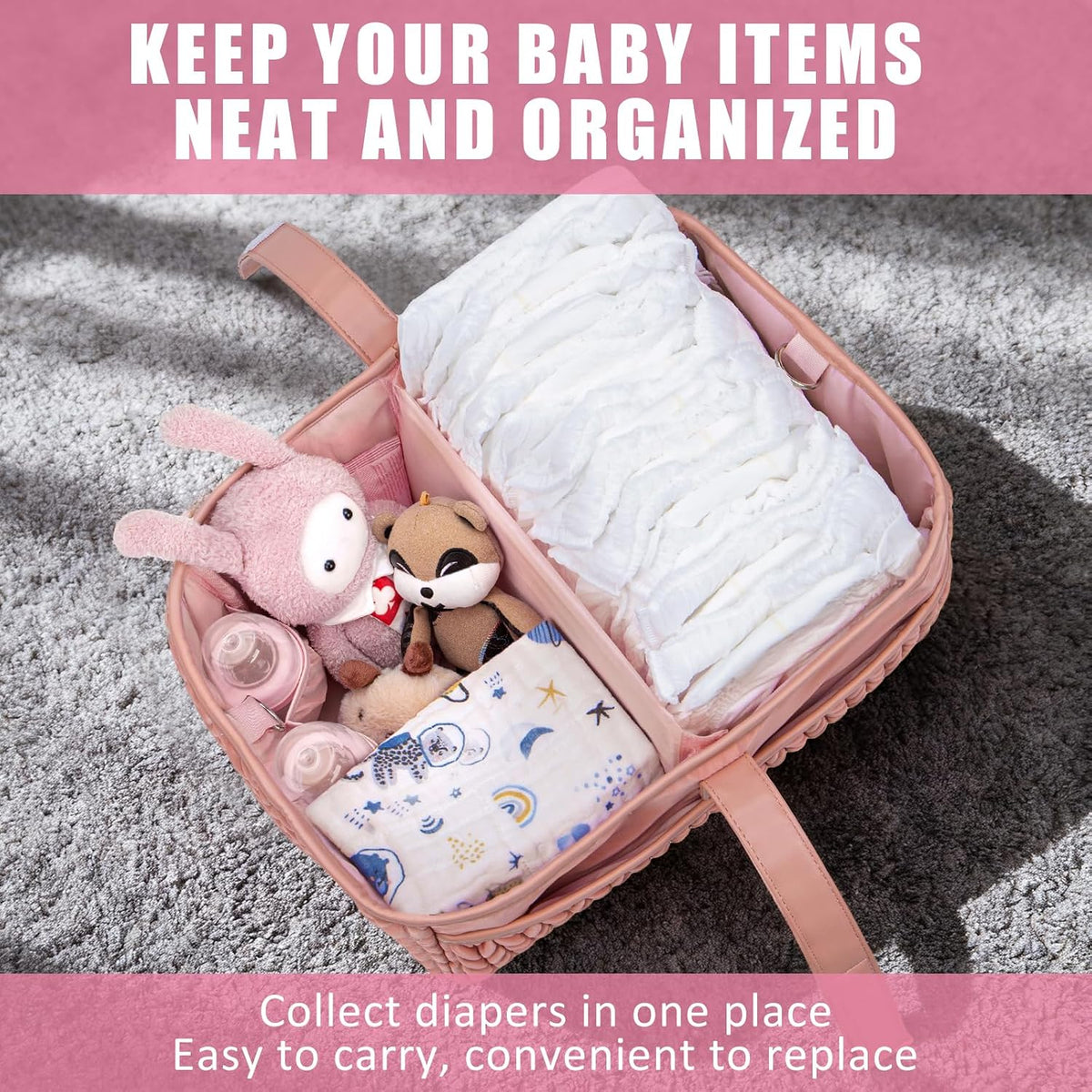 Baby Diaper Caddy Organizer – Adjustable Shoulder Strap, Large Nursery Storage Basket for Diapers & Wipes, Newborn Essentials, Boy & Girl Baby Shower Basket