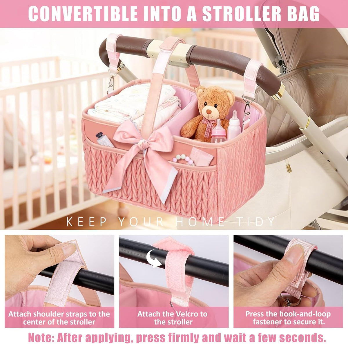 Baby Diaper Caddy Organizer – Adjustable Shoulder Strap, Large Nursery Storage Basket for Diapers & Wipes, Newborn Essentials, Boy & Girl Baby Shower Basket