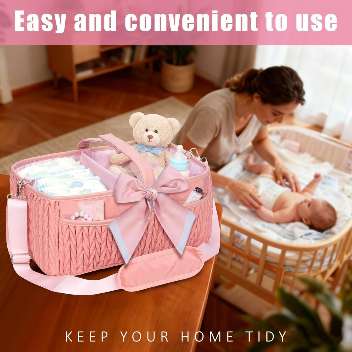 Baby Diaper Caddy Organizer – Adjustable Shoulder Strap, Large Nursery Storage Basket for Diapers & Wipes, Newborn Essentials, Boy & Girl Baby Shower Basket