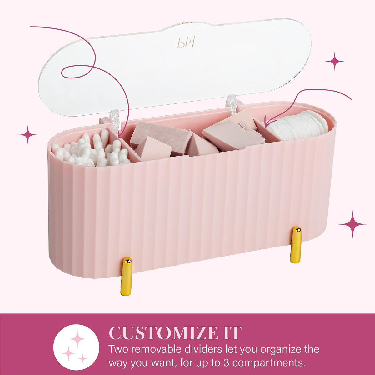 Paris Hilton Makeup & Storage Organizer with Lid, Customizable 3-Compartment Tray, Elegant Ribbed Design, Compact & Durable, Pink