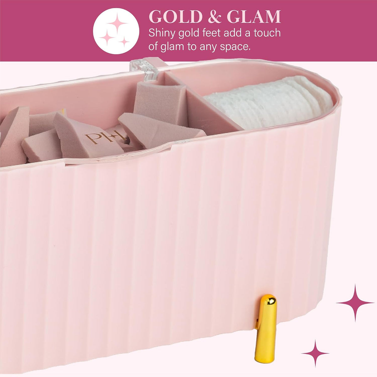 Paris Hilton Makeup & Storage Organizer with Lid, Customizable 3-Compartment Tray, Elegant Ribbed Design, Compact & Durable, Pink