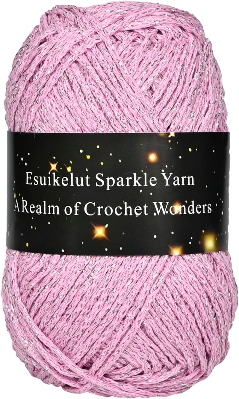 Pink Sparkly Knitting Yarn, 1.5mm Round Hollow Yarn with Silver Sparkling, Silver Metallic Crochet Thread