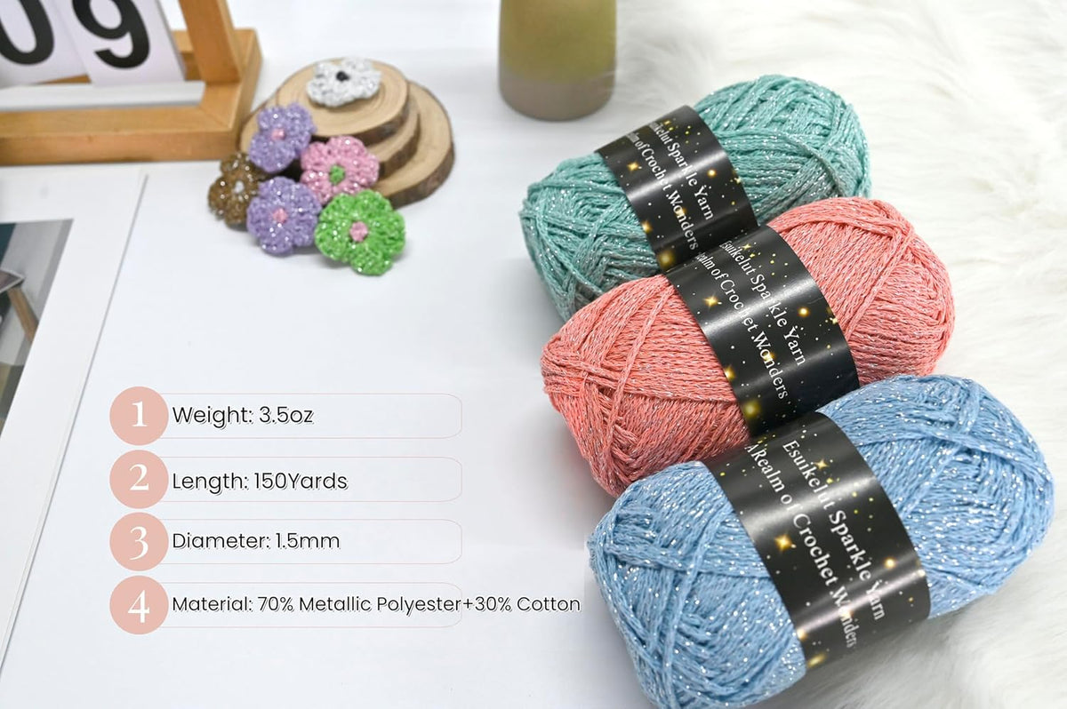 Pink Sparkly Knitting Yarn, 1.5mm Round Hollow Yarn with Silver Sparkling, Silver Metallic Crochet Thread