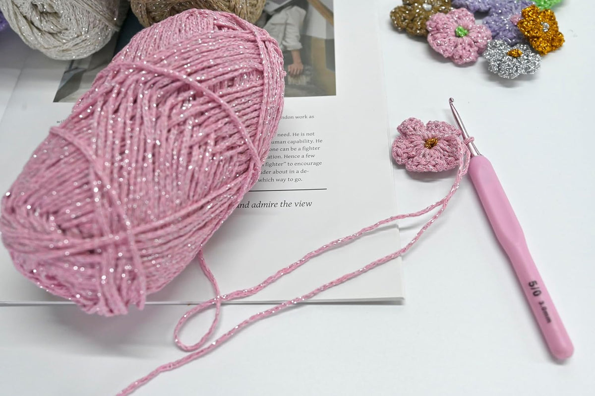 Pink Sparkly Knitting Yarn, 1.5mm Round Hollow Yarn with Silver Sparkling, Silver Metallic Crochet Thread