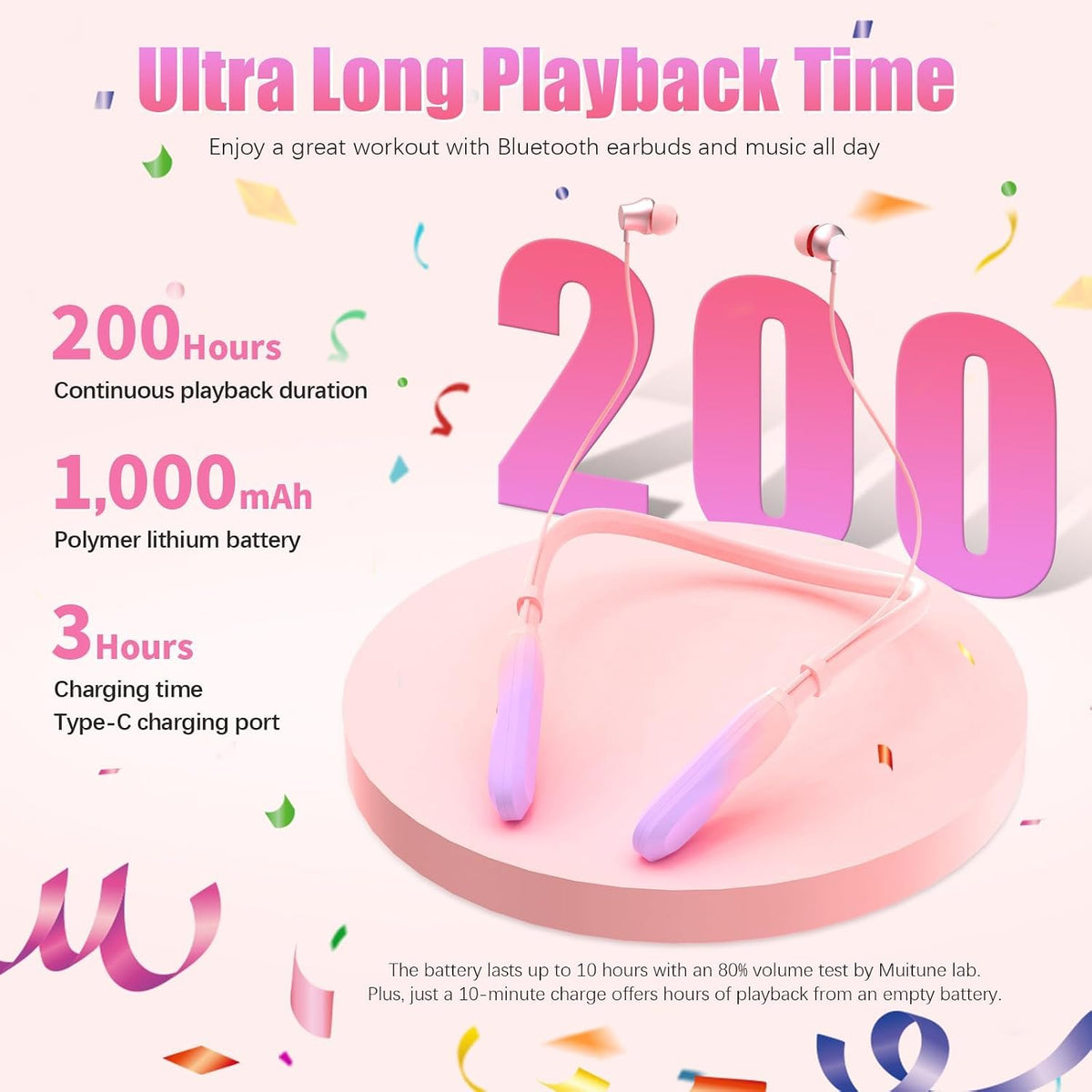 Neckband Bluetooth Headphones, 200H Extra Long Playtime Wireless Stereo Neckband Earbuds with Microphone, Waterproof Balanced Armature Drivers in Ear Headset for Sports/Workout (Pink-Purple)