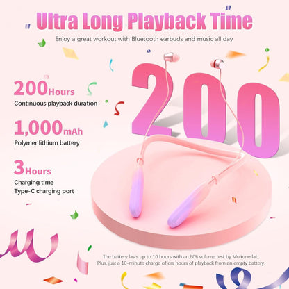 Neckband Bluetooth Headphones, 200H Extra Long Playtime Wireless Stereo Neckband Earbuds with Microphone, Waterproof Balanced Armature Drivers in Ear Headset for Sports/Workout (Pink-Purple)