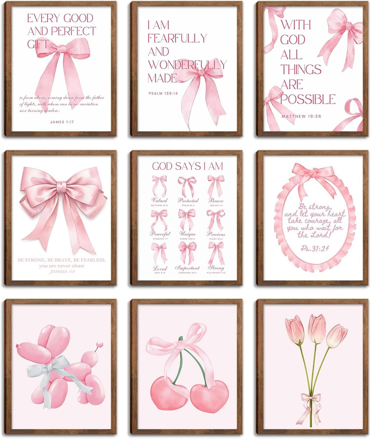 Pink Bows Bible Verse Christian Canvas Wall Art Set of 9, Trendy Posters Prints Wall Decor, Cute Coquette Preppy Girls Aesthetic Room Decor Gifts for Bedroom Living Room Home Decor 8x10inch Unframed