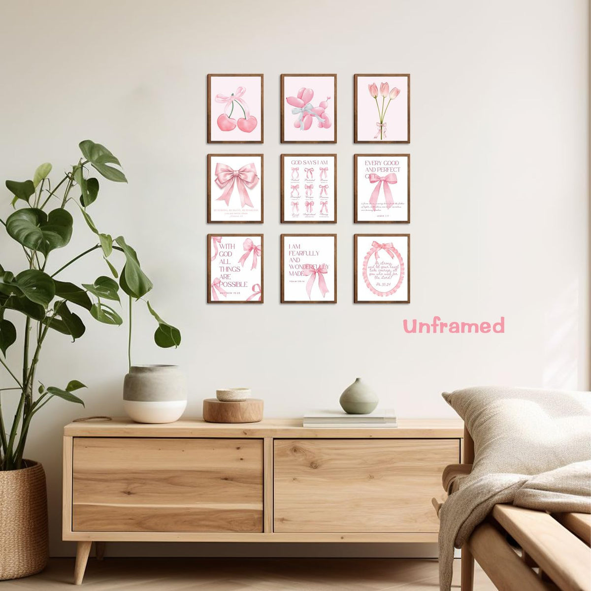 Pink Bows Bible Verse Christian Canvas Wall Art Set of 9, Trendy Posters Prints Wall Decor, Cute Coquette Preppy Girls Aesthetic Room Decor Gifts for Bedroom Living Room Home Decor 8x10inch Unframed