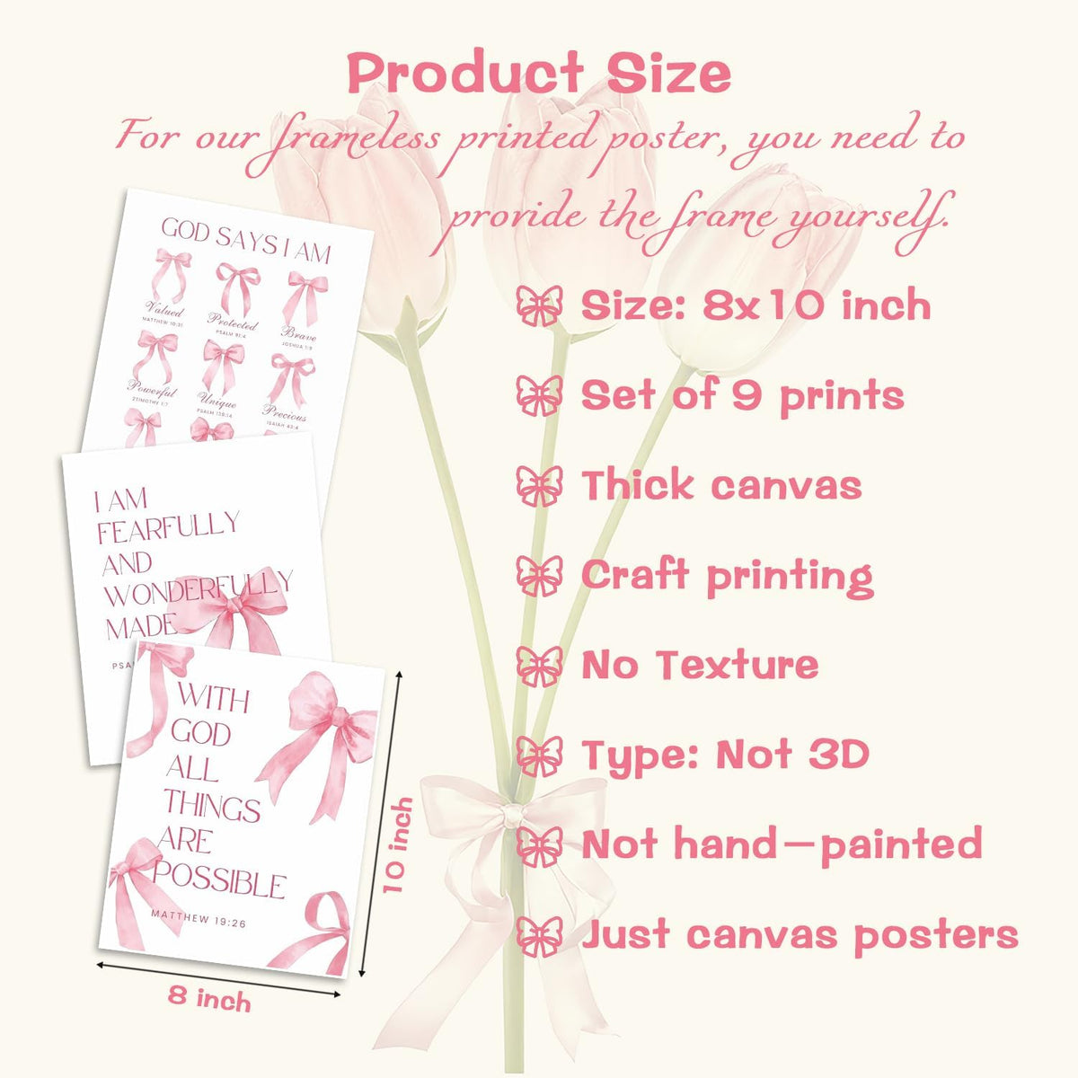 Pink Bows Bible Verse Christian Canvas Wall Art Set of 9, Trendy Posters Prints Wall Decor, Cute Coquette Preppy Girls Aesthetic Room Decor Gifts for Bedroom Living Room Home Decor 8x10inch Unframed