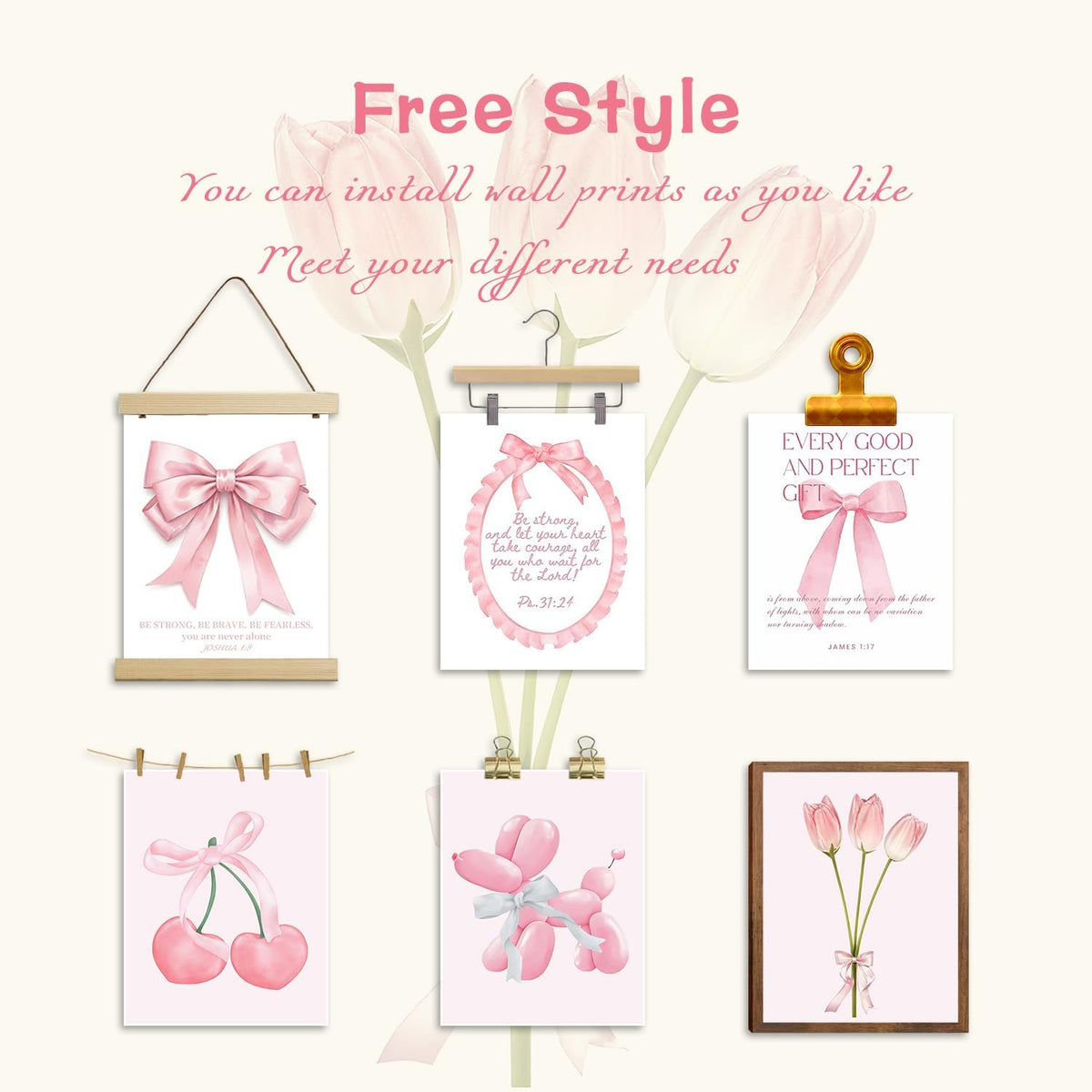 Pink Bows Bible Verse Christian Canvas Wall Art Set of 9, Trendy Posters Prints Wall Decor, Cute Coquette Preppy Girls Aesthetic Room Decor Gifts for Bedroom Living Room Home Decor 8x10inch Unframed