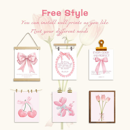 Pink Bows Bible Verse Christian Canvas Wall Art Set of 9, Trendy Posters Prints Wall Decor, Cute Coquette Preppy Girls Aesthetic Room Decor Gifts for Bedroom Living Room Home Decor 8x10inch Unframed