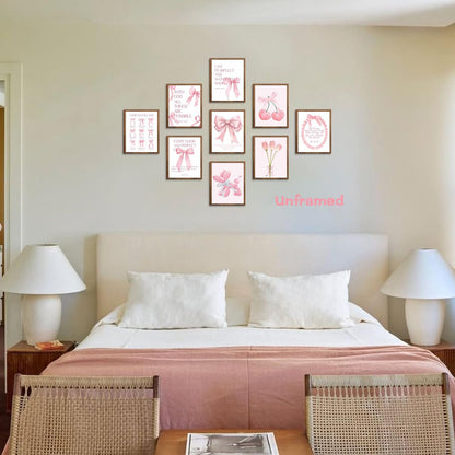 Pink Bows Bible Verse Christian Canvas Wall Art Set of 9, Trendy Posters Prints Wall Decor, Cute Coquette Preppy Girls Aesthetic Room Decor Gifts for Bedroom Living Room Home Decor 8x10inch Unframed