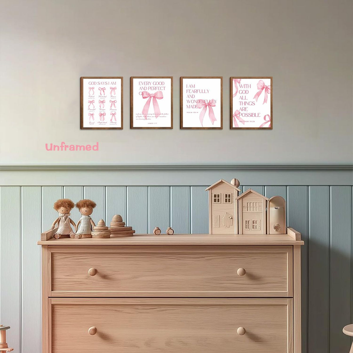 Pink Bows Bible Verse Christian Canvas Wall Art Set of 9, Trendy Posters Prints Wall Decor, Cute Coquette Preppy Girls Aesthetic Room Decor Gifts for Bedroom Living Room Home Decor 8x10inch Unframed
