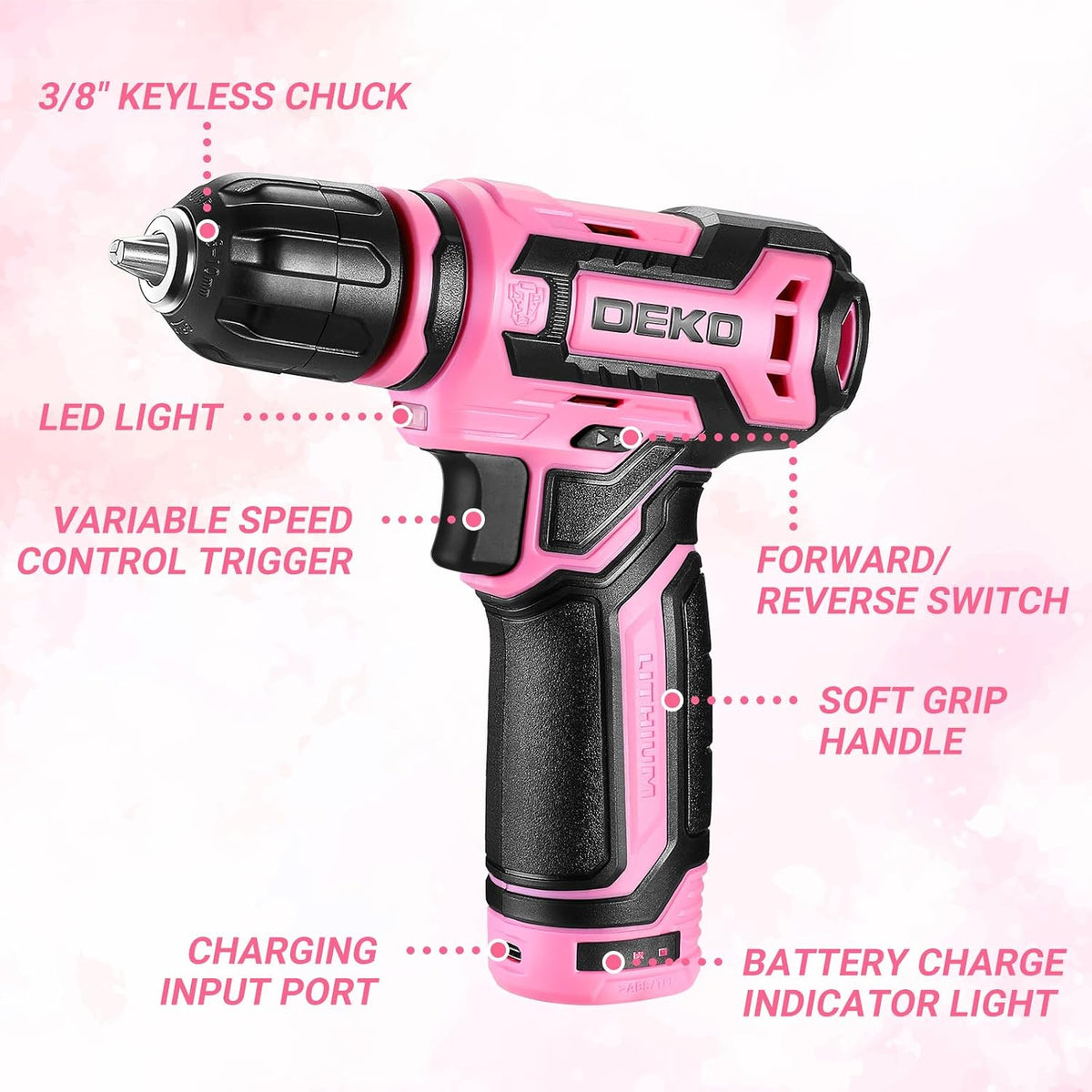 Cordless Drill： 12V Power Drill Set with Pink 800RPM Electric Drills with Tool Set Gift Box, Pink Drill Set for Women