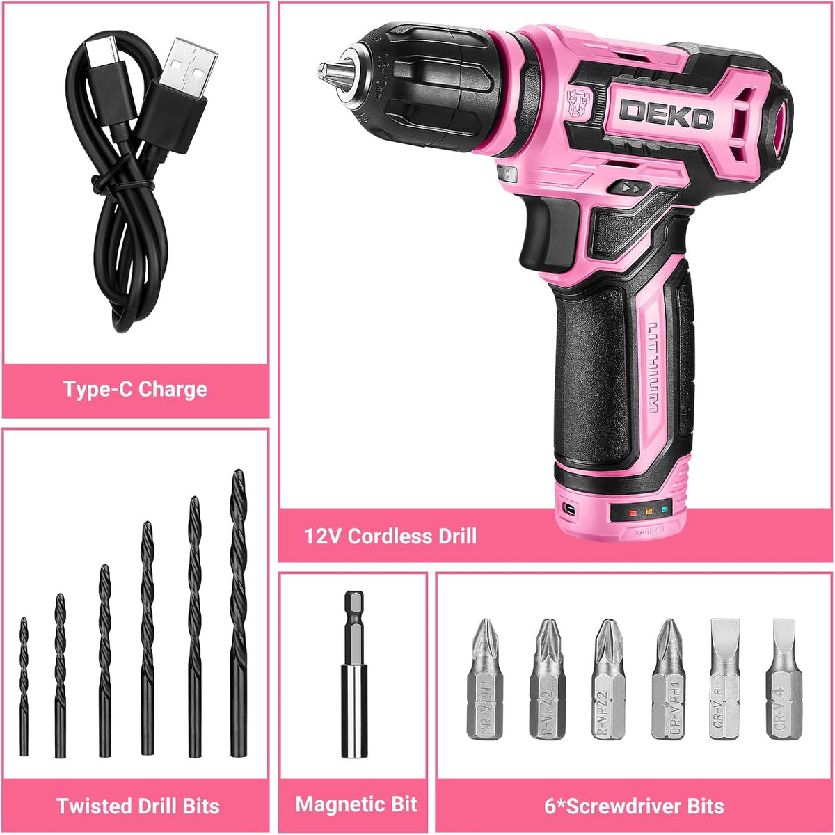 Cordless Drill： 12V Power Drill Set with Pink 800RPM Electric Drills with Tool Set Gift Box, Pink Drill Set for Women