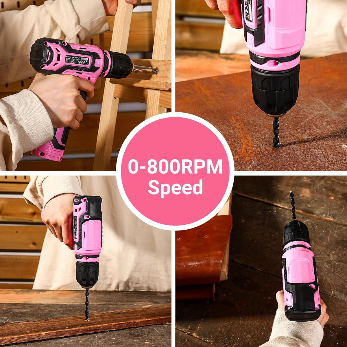 Cordless Drill： 12V Power Drill Set with Pink 800RPM Electric Drills with Tool Set Gift Box, Pink Drill Set for Women