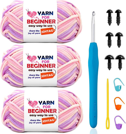 3 Pack Rainbow Beginners Crochet Yarn Pink Purple Cotton Crochet Yarn for Crocheting Knitting Beginners with Easy-to-See Stitches Cotton-Nylon Blend Crochet Yarn for Beginners Crochet Kit(3x50g)