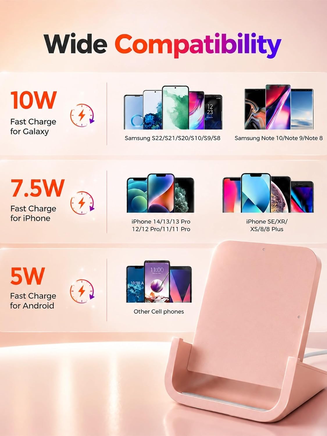 Wireless Charger YUWISS Wireless Charging Stand Cordless Charger 10/7.5/5W Compatible with iPhone 14 13 12/12 /11Pro Max/XR/XS Max/XS/X/8/8Plus Galaxy S22/S21/S9/S9+/S8/S8+ Note (Rose Gold)