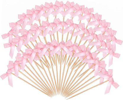 100Pcs Pink Bow Cocktail Picks 4.3" Bow Bamboo Fancy Toothpicks