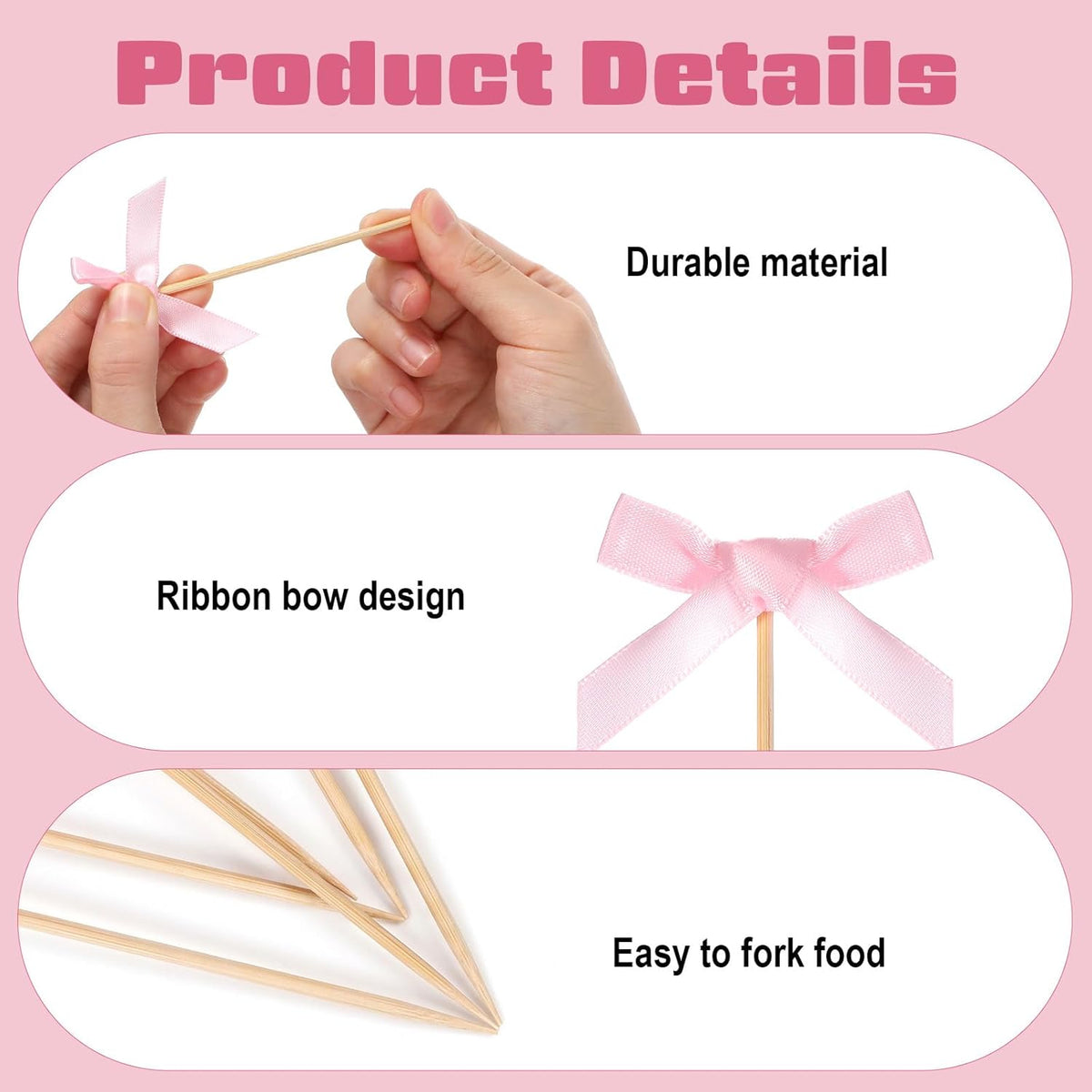 100Pcs Pink Bow Cocktail Picks 4.3" Bow Bamboo Fancy Toothpicks