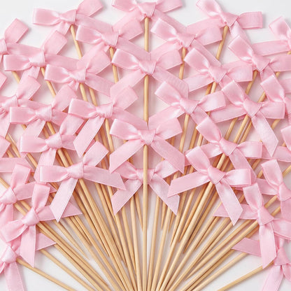 100Pcs Pink Bow Cocktail Picks 4.3" Bow Bamboo Fancy Toothpicks