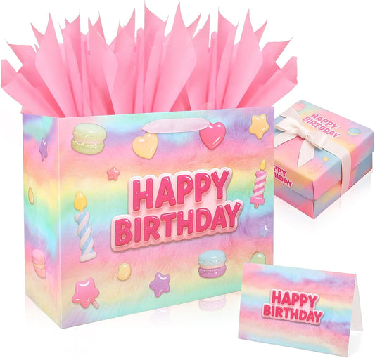 13” Happy Birthday Gift Bags with Tissue Paper Wrapping Paper and Card,Pink Gift Wrap Bags with handles for Women,Girls and Kid,Medium Reusable Happy Birthday Bag for Party