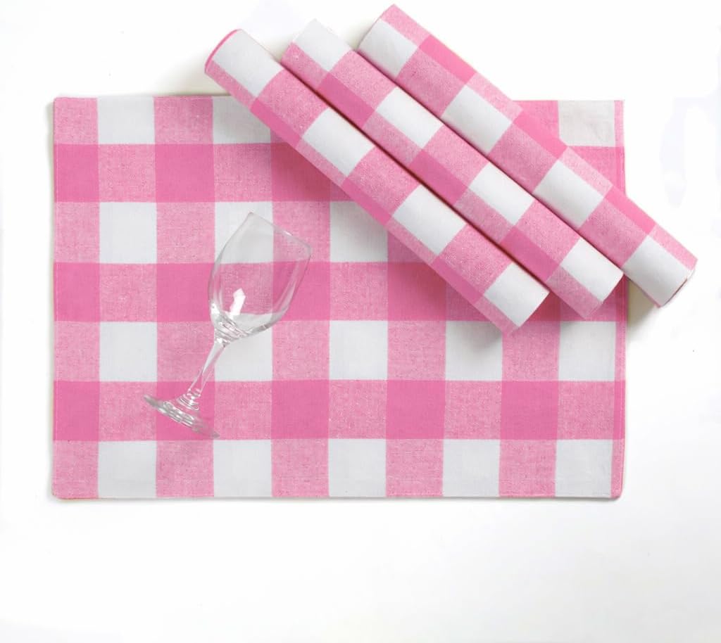 Rose Pink and White Buffalo Check Placemats Set of 4, 13x19 Inches, Plaid Table Mats, 100% Cotton, Washable, Soft and Reusable Placemats for Baby Showers, Weddings, Holiday Gatherings