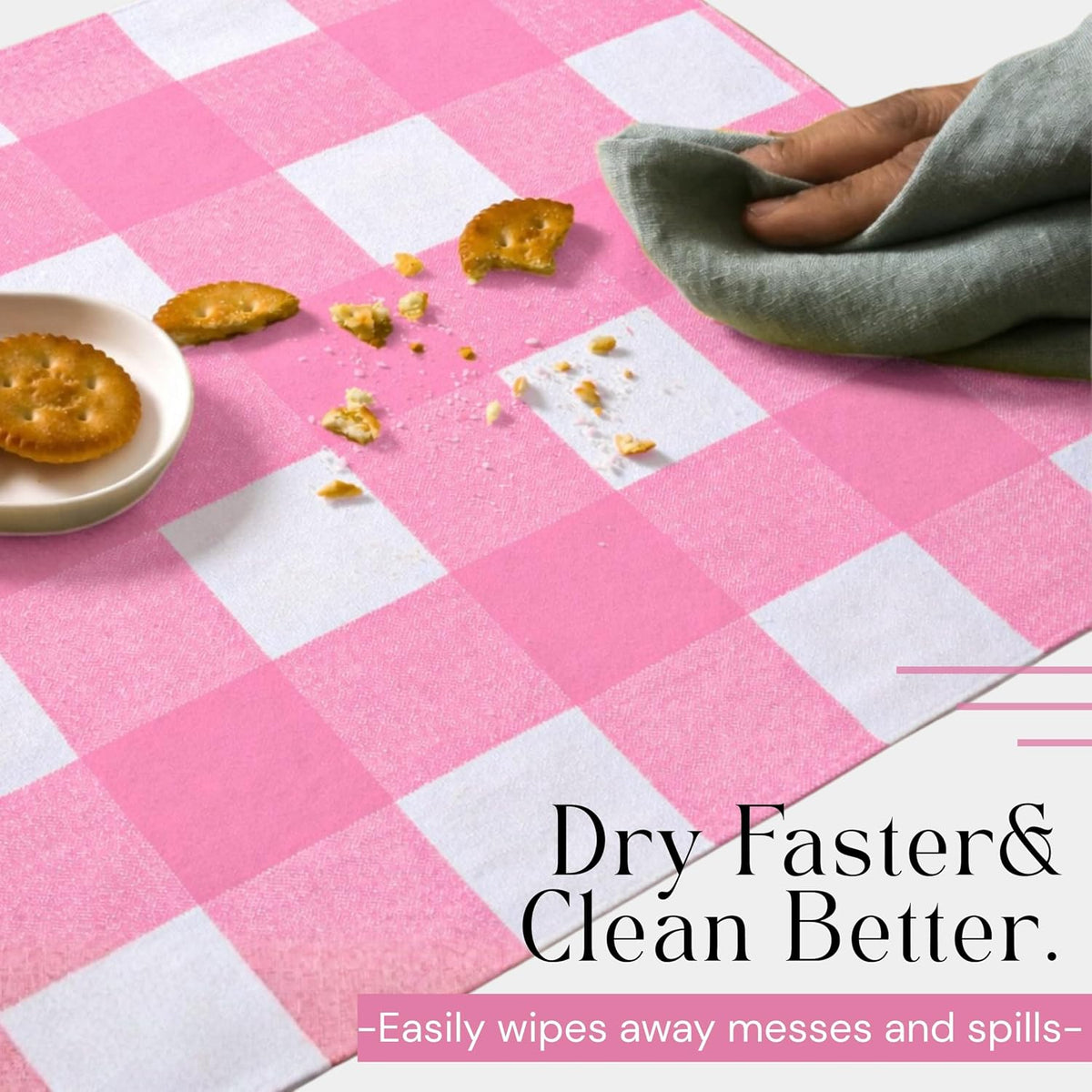Rose Pink and White Buffalo Check Placemats Set of 4, 13x19 Inches, Plaid Table Mats, 100% Cotton, Washable, Soft and Reusable Placemats for Baby Showers, Weddings, Holiday Gatherings