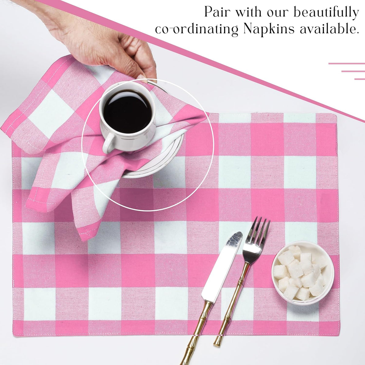 Rose Pink and White Buffalo Check Placemats Set of 4, 13x19 Inches, Plaid Table Mats, 100% Cotton, Washable, Soft and Reusable Placemats for Baby Showers, Weddings, Holiday Gatherings