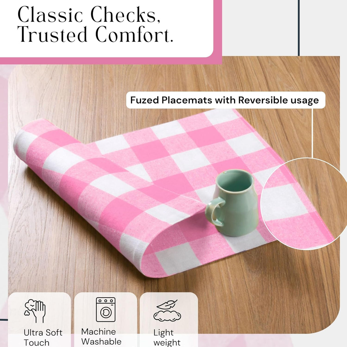 Rose Pink and White Buffalo Check Placemats Set of 4, 13x19 Inches, Plaid Table Mats, 100% Cotton, Washable, Soft and Reusable Placemats for Baby Showers, Weddings, Holiday Gatherings