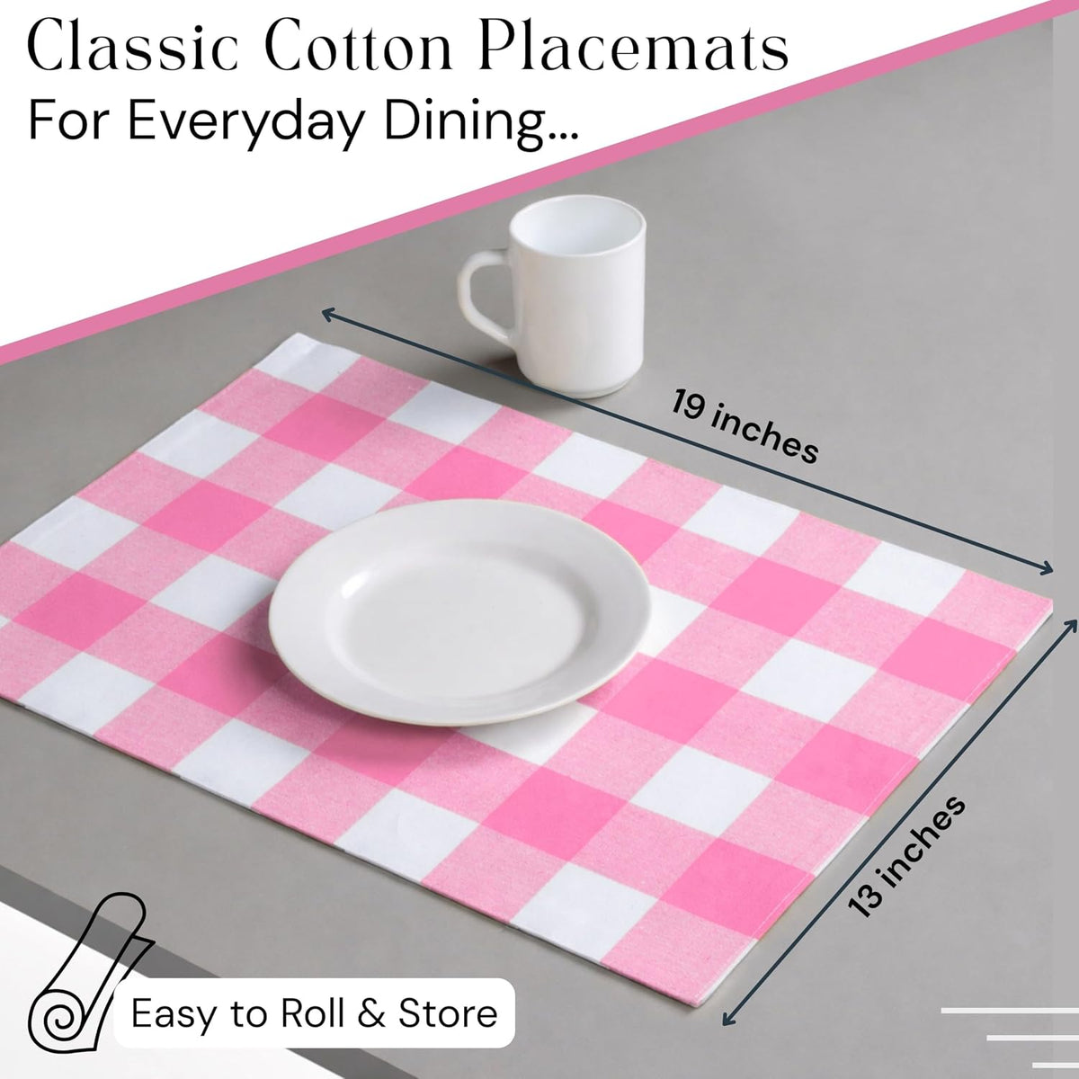 Rose Pink and White Buffalo Check Placemats Set of 4, 13x19 Inches, Plaid Table Mats, 100% Cotton, Washable, Soft and Reusable Placemats for Baby Showers, Weddings, Holiday Gatherings