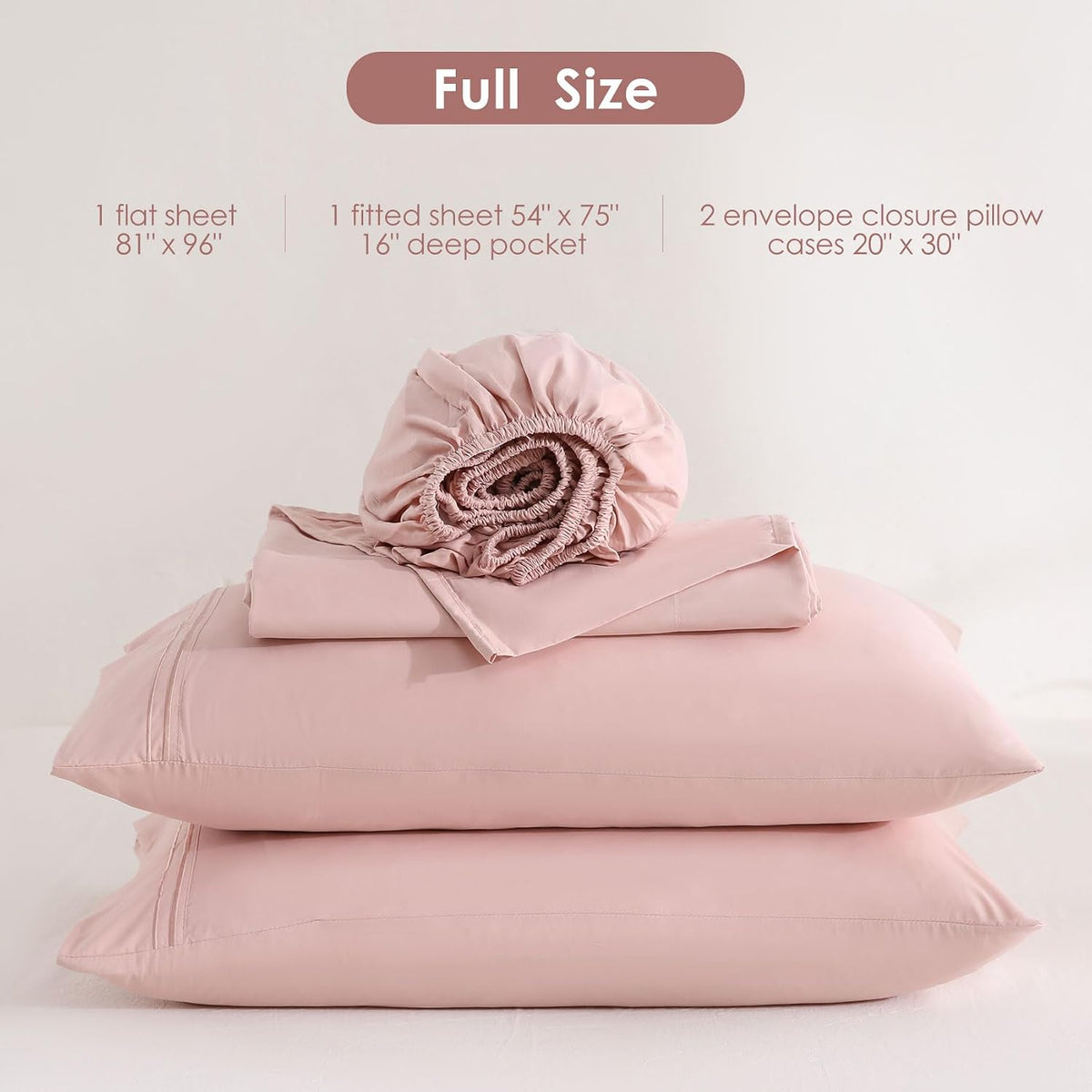 Dusty Pink Full Microfiber Sheet Set Side Pocket, Deep Pocket with Corner Straps
