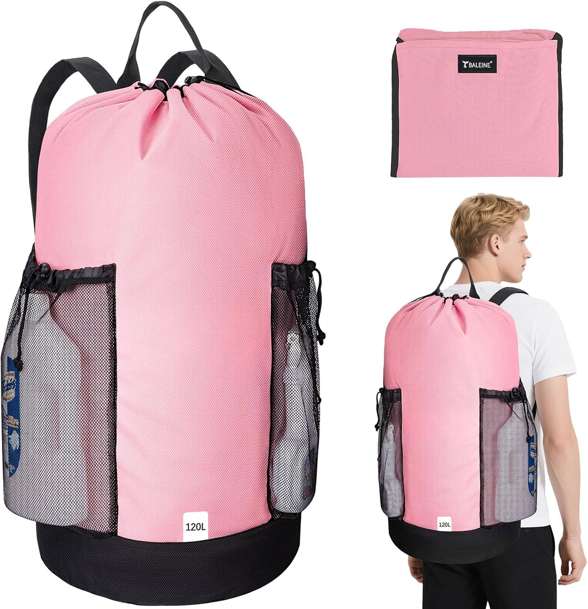 2PK 120L Laundry Bag Backpack, 900D Oxford Fabric Large Travel Laundry Bags with Shoulder Straps and 2 Mesh Pockets for College Dorm, Apartment, Laundromat (Pink, 120L)