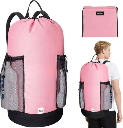 2PK 120L Laundry Bag Backpack, 900D Oxford Fabric Large Travel Laundry Bags with Shoulder Straps and 2 Mesh Pockets for College Dorm, Apartment, Laundromat (Pink, 120L)