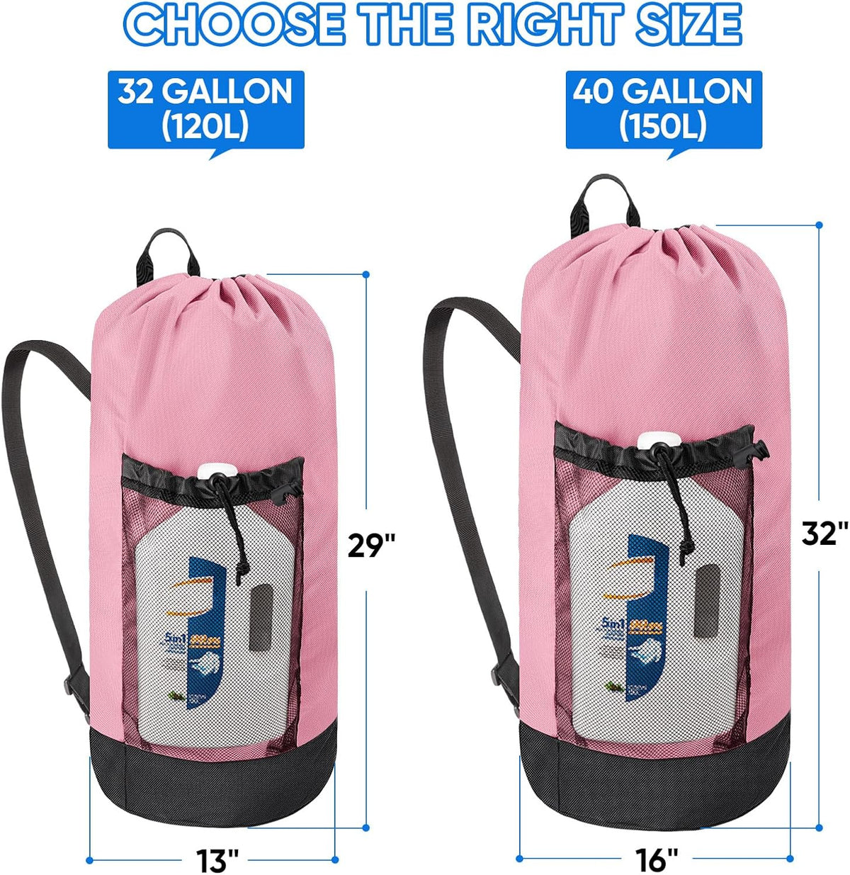 2PK 120L Laundry Bag Backpack, 900D Oxford Fabric Large Travel Laundry Bags with Shoulder Straps and 2 Mesh Pockets for College Dorm, Apartment, Laundromat (Pink, 120L)