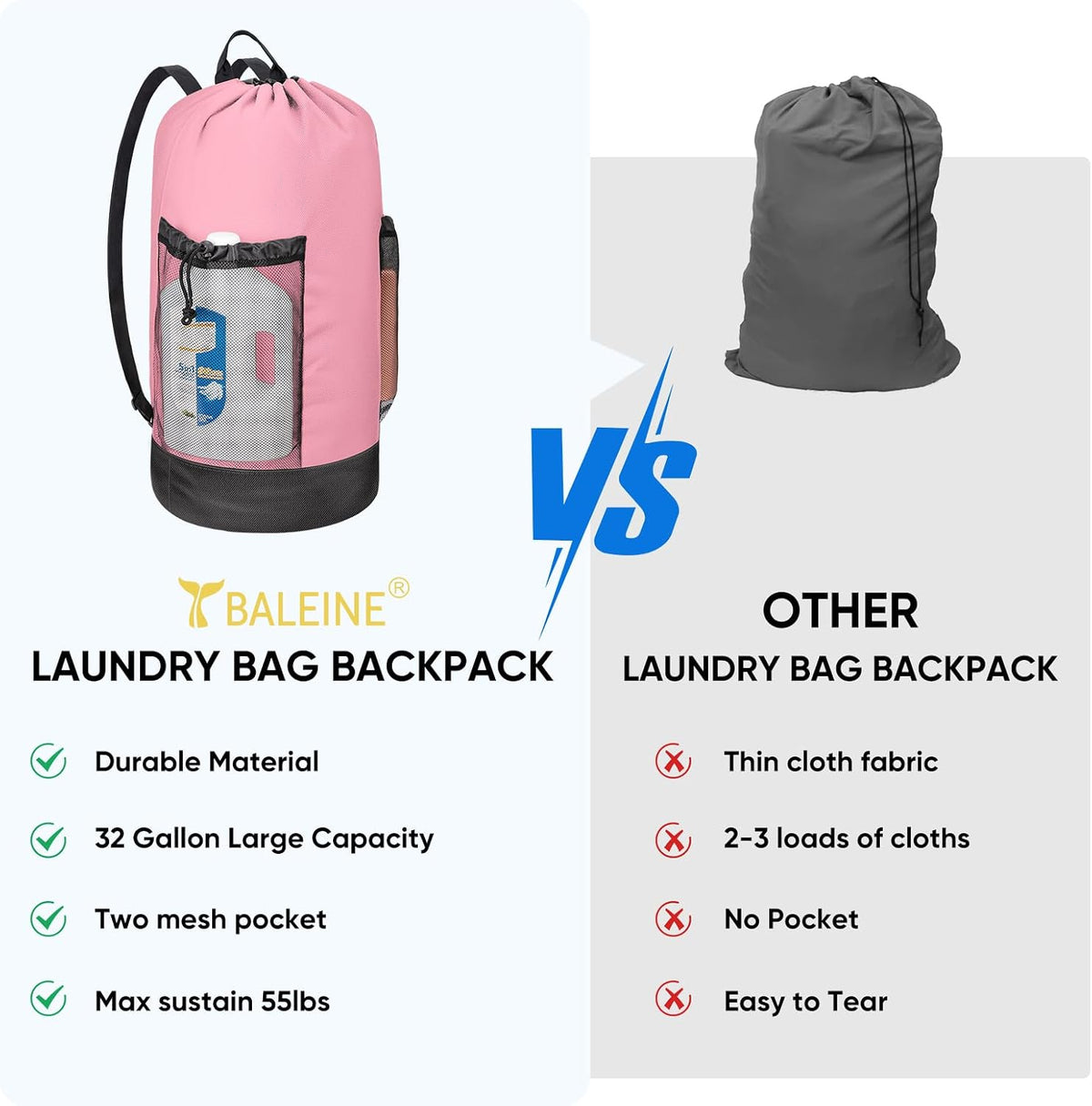 2PK 120L Laundry Bag Backpack, 900D Oxford Fabric Large Travel Laundry Bags with Shoulder Straps and 2 Mesh Pockets for College Dorm, Apartment, Laundromat (Pink, 120L)