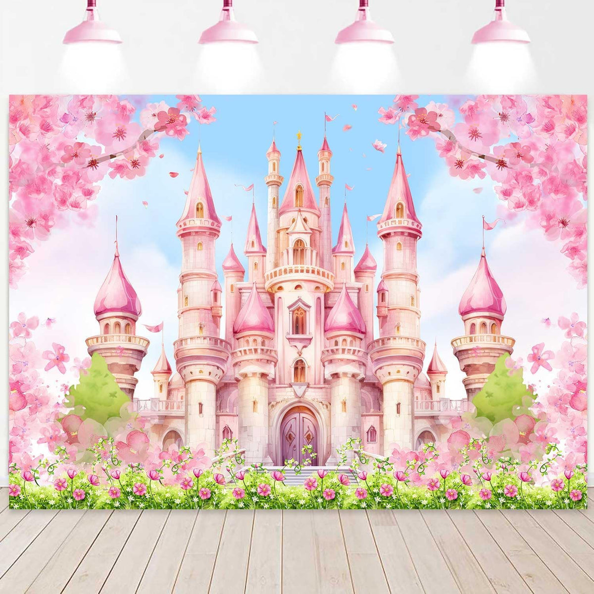Princess Castle Birthday Backdrop Pastle Pink Sakura Floral Photography Background Fantasy Fairy Tale Princess Birthday Baby Shower Party Decorations Banner Photo Booth Props 7x5ft