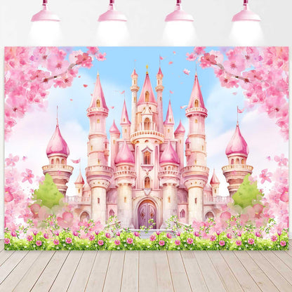 Princess Castle Birthday Backdrop Pastle Pink Sakura Floral Photography Background Fantasy Fairy Tale Princess Birthday Baby Shower Party Decorations Banner Photo Booth Props 7x5ft